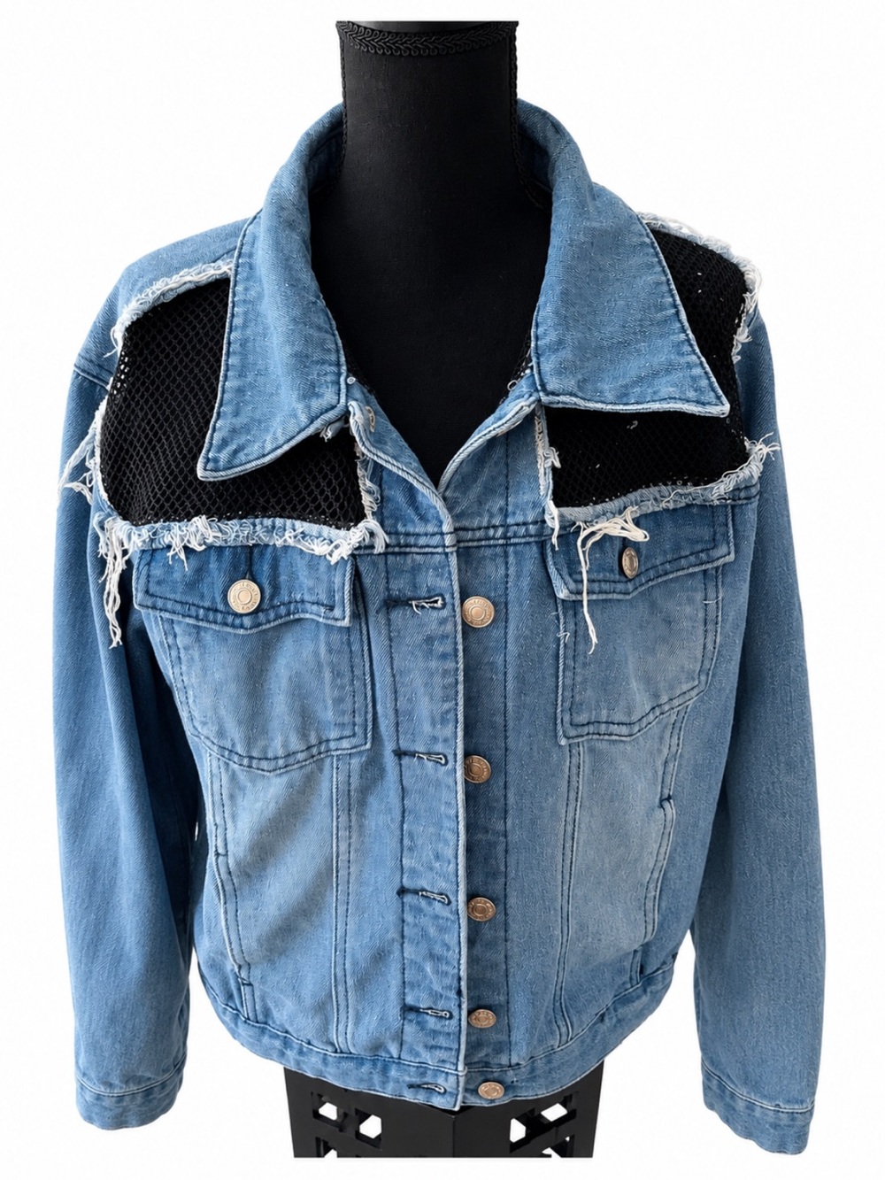 Thrill Jeans Distressed Denim Jacket Black Mesh Back Plus 3X